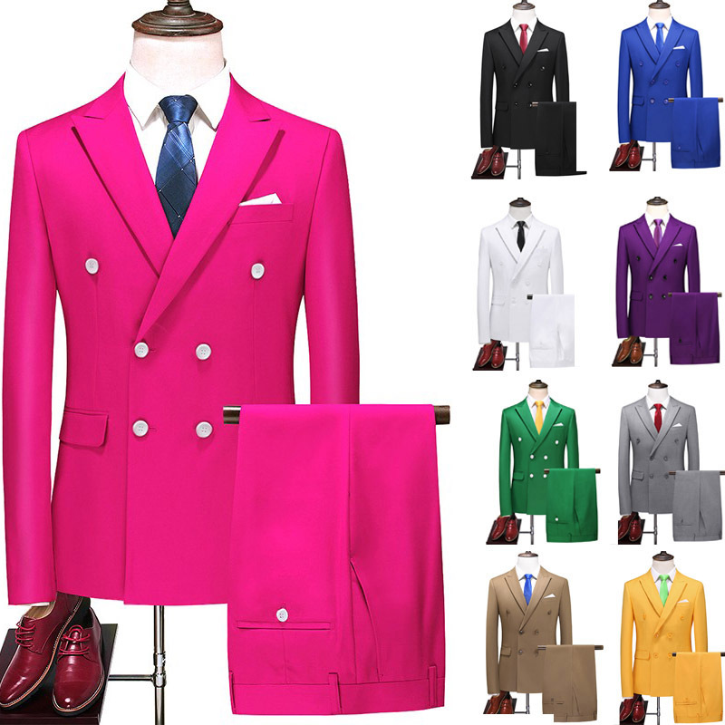 Spring and Summer Red Double-Breasted Suit Set for Men, Large Size Business Casual Formal Suit Jacket, Performance Wedding Attire