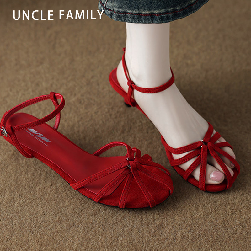 Hong Kong Genuine Leather Red High-Heeled Sandals for Women, 2026 New Summer Stiletto Pig Cage Shoes with a Single Strap High Heels