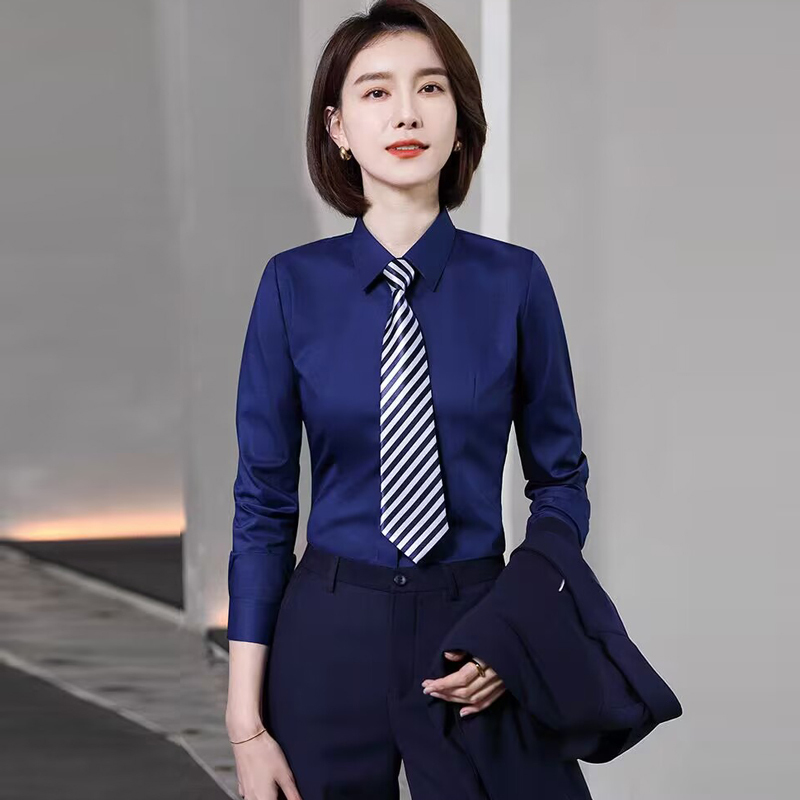 Royal Blue Long-Sleeved Shirt for Women, Spring New Style, Elastic, Elegant, Slim-Fit, Formal Wear, Workwear, Commuting, High-End Blue Shirt