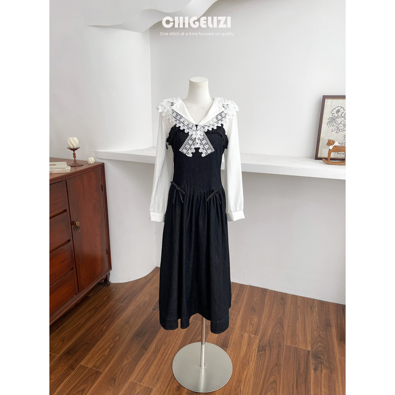 Eat a Pear [Bul Manor] 100% Cotton Korean Style Versatile Waist-Cinching Spaghetti Strap Dress for Women, Slim Fit, Long Skirt with a Large Hem