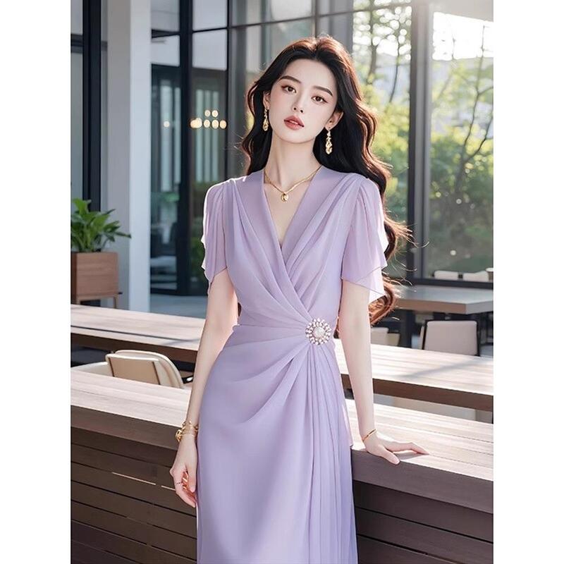 2025 New French-Style Long Dress, Light Luxury, High-End Feel, Waist-Cinching, Slimming Chiffon Purple Dress for Women in Summer 2025 New French-Style Long Dress, Light Luxury, High-End Feel, Waist-Cinching, Slimming Chiffon Purple Dress for Women in Summer