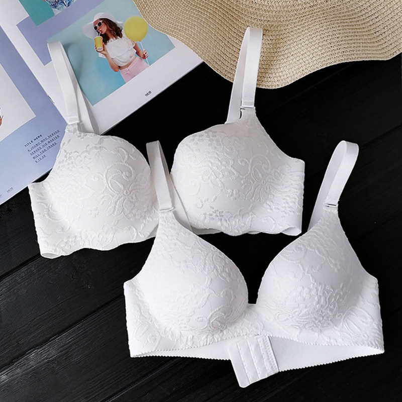 White lace bra without steel ring one piece seamless underwear women's summer sexy gather bra thick and thin section bra