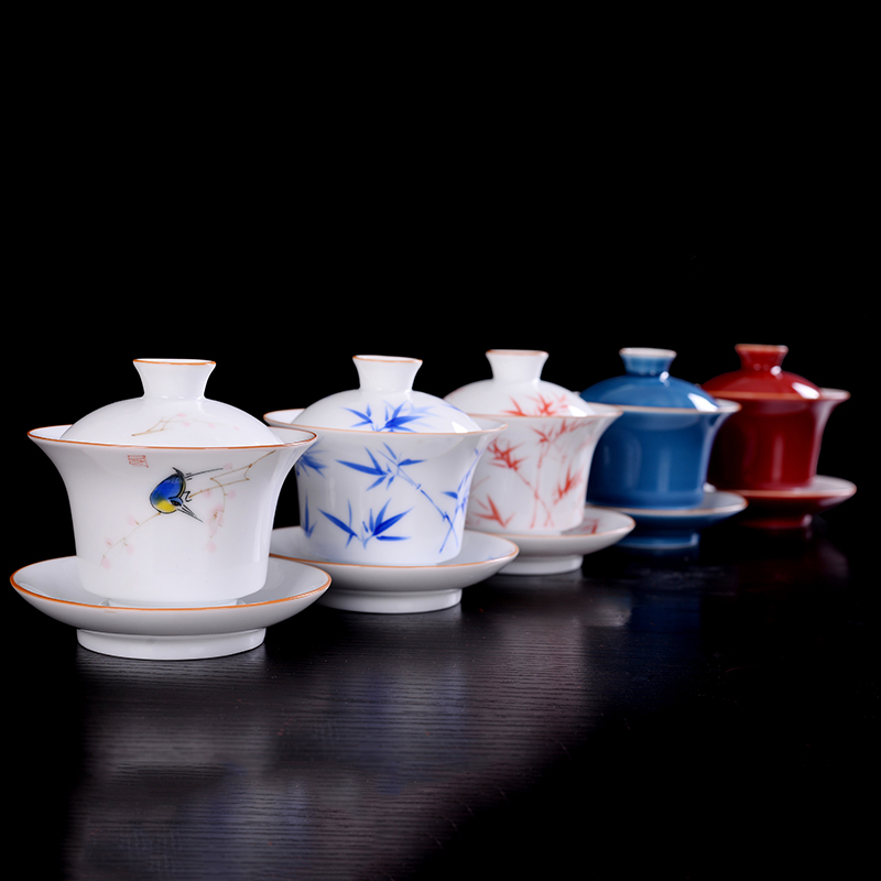 Pure hand-made white ceramic three-tall cup ceramic household cup size kung fu teacup hand drawing
