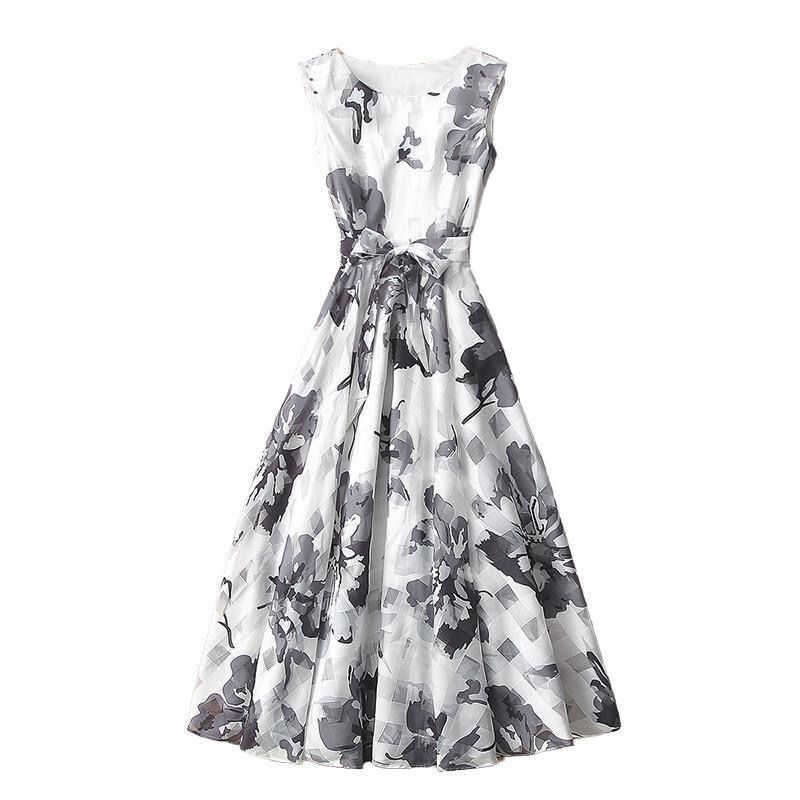 Organza Ink Print Long Dress, High-End Elegant Designer Women's Clothing, Waist-Cinching, Flared, Knee-Length Dress, Summer 2026