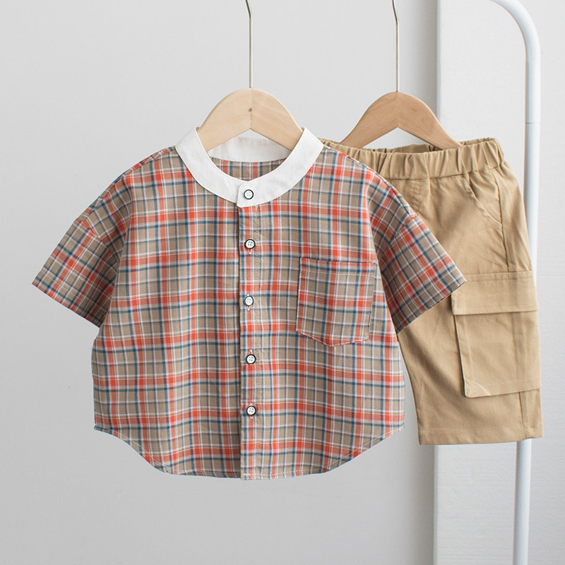 Boys short-sleeved shirt 2021 summer new children's plaid shirt Western style baby thin top pure cotton Korean version