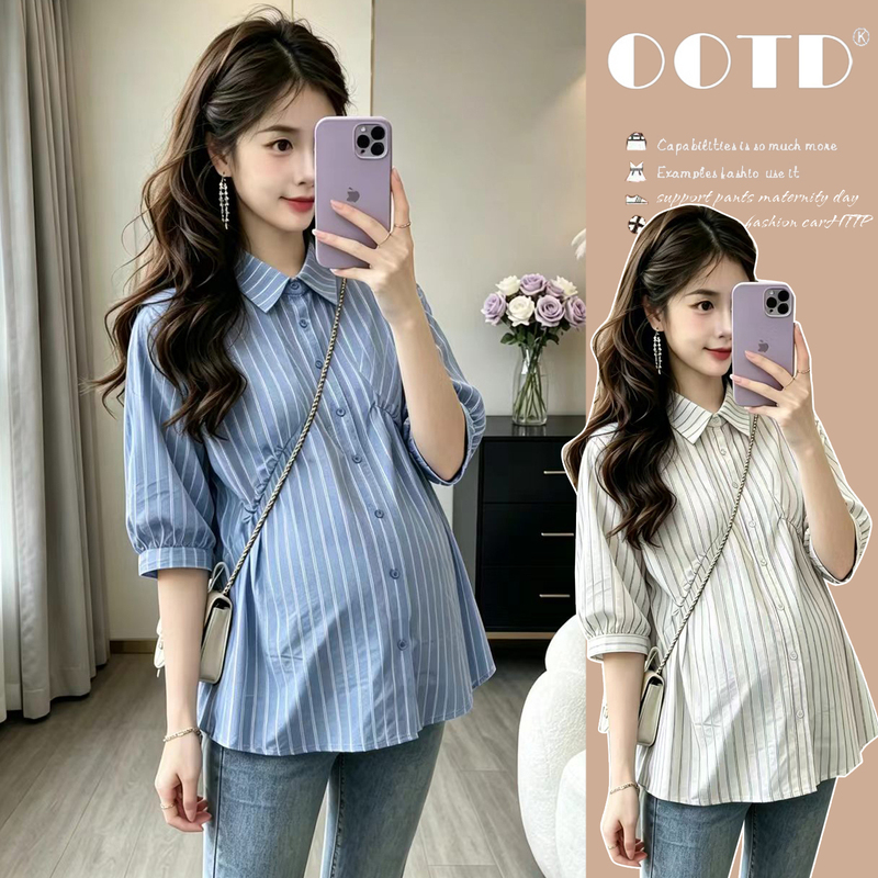 Maternity Wear Summer New Korean Style Slimming Belly-Covering Waist-Cinching Drawstring Striped Short-Sleeved Shirt Commuter Maternity Top Maternity Wear Summer New Korean Style Slimming Belly-Covering Waist-Cinching Drawstring Striped Short-Sleeved Shirt Commuter Maternity Top