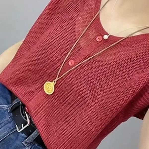 Hollow Ice Silk Knitted Short-Sleeved 2025 New Loose Slimming Look Versatile Foreign Style Top Simple Knitted Knitwear Summer