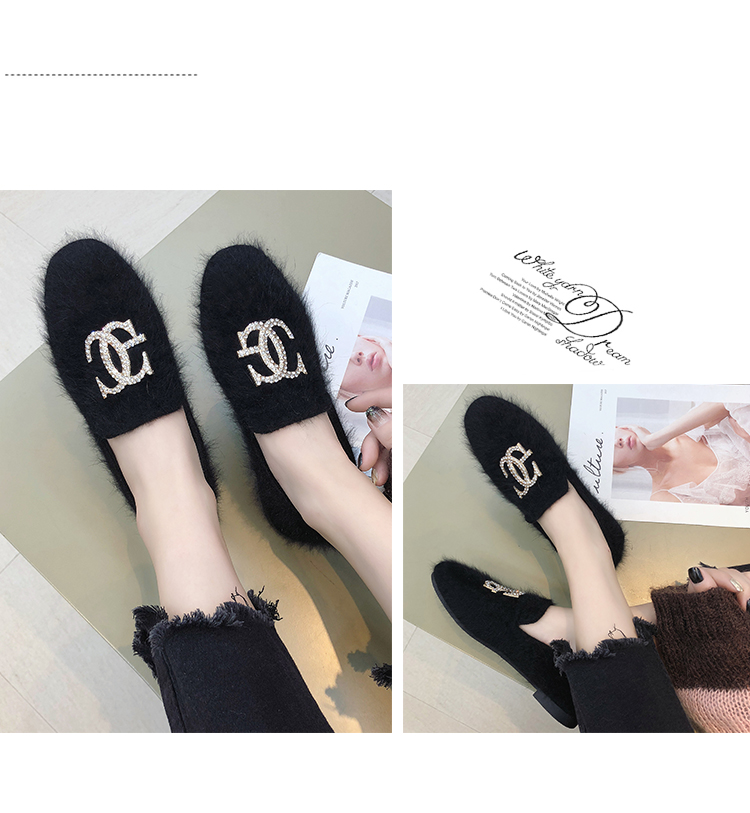 Mùa thu đông 2018 Giày lông mới nữ phiên bản Hàn Quốc của giày đế bệt rhinestone đế phẳng Hồng Kông hương vị giản dị thấp giúp giày lười giày nữ sneaker
