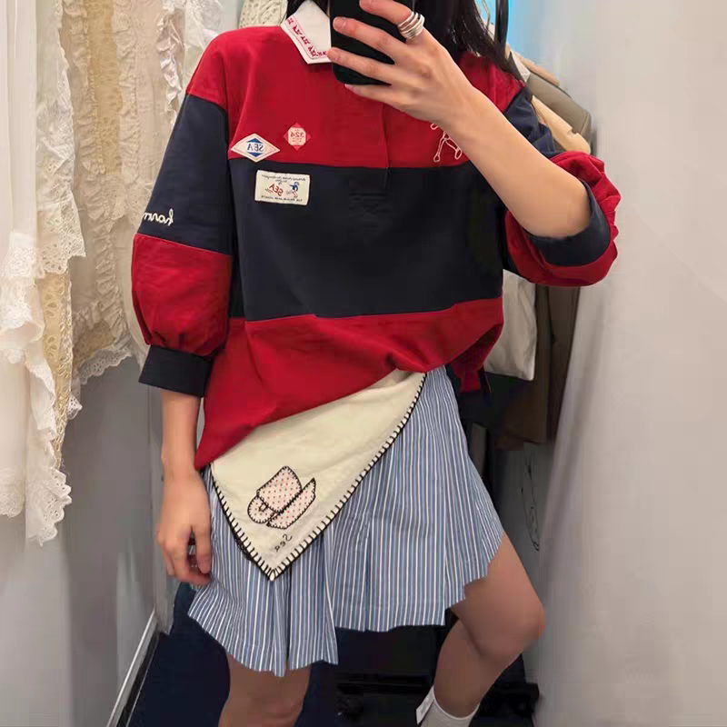 French-Style Niche 2025 Early Autumn New Red and Blue Color-Blocked Retro Rugby Polo Collar Puff Sleeve Embroidered T-Shirt