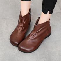 Mom Shoes Soft Leather Flat Bottom 2020 Autumn Winter Retro Genuine Leather Plus Suede Short Boots Woman Comfort Soft Bottom Single Boots Womens Shoes Leather Boots