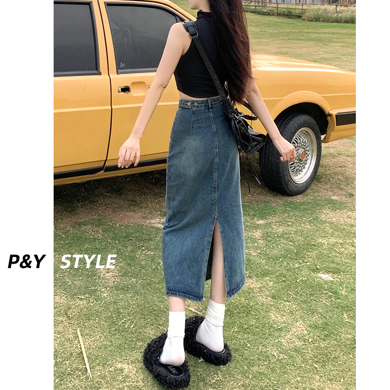 High-Waisted Slit Denim Skirt for Women 2026 New Summer Petite A-Line Skirt Retro Bodycon Long Skirt