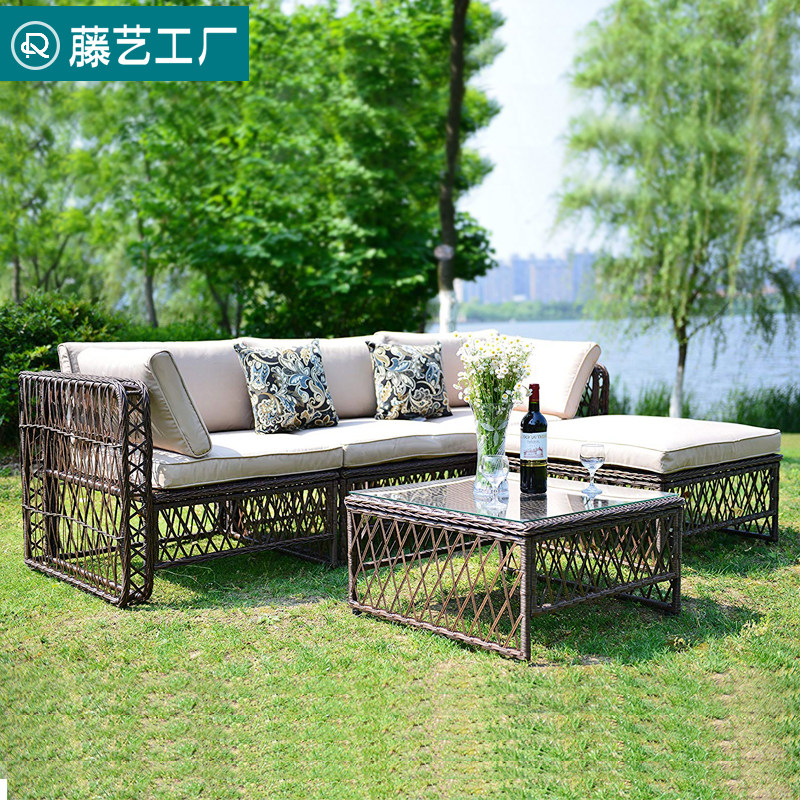Courtyard Garden Leisure Rattan Sofa Simple Outdoor Rattan Sofa Chair Creative Hotel Rattan Furniture Sofa Coffee Table