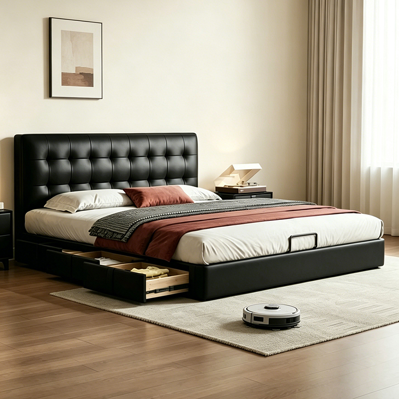 Omori Island Home Genuine Leather Bed French Retro Storage Waffle Bed Master Bedroom Italian Light Luxury Black Mid-Century Style Bed
