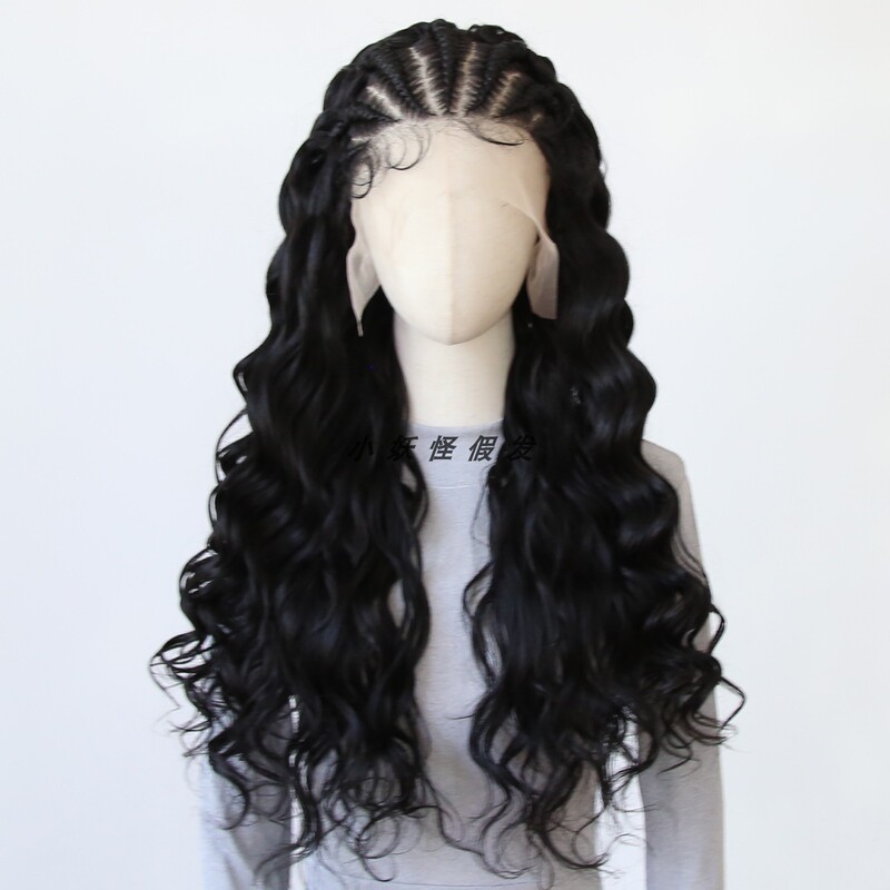 Black Cornrow Braids with Water Wave Curls, Extra-Large Lace, High-Temperature Fiber, Bohemian Style Full Wig