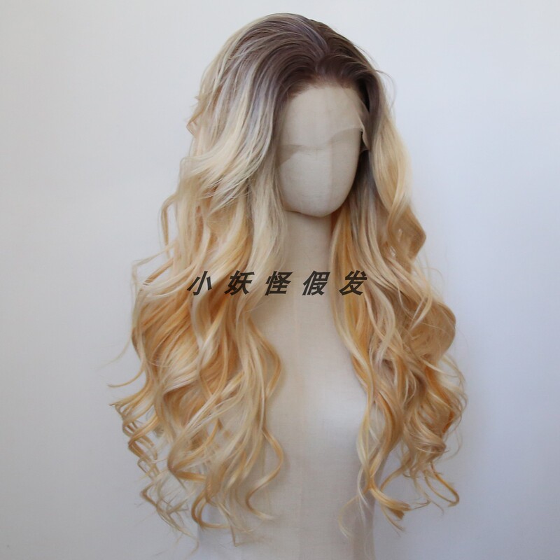 Gradient Yellow Mixed with Gold Lace Front Parisian Dyed European and American Style High-Temperature Silk Large Wave Curly Full Wig Set