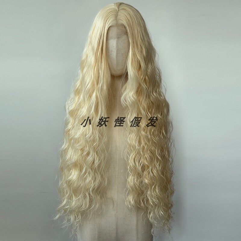 Golden Lace Front High-Temperature Fiber Wig with a Middle Part, Brightening Effect, European and American Style, Blonde Extra-Long Curly Hair Full Wig Set
