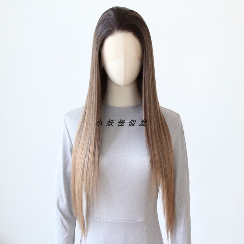 Fog Brown Gradient Lace Front Wig, Full Head Wig That Makes Skin Look Fairer, Cool Linen Brown High-Temperature Fiber Full Wig Set