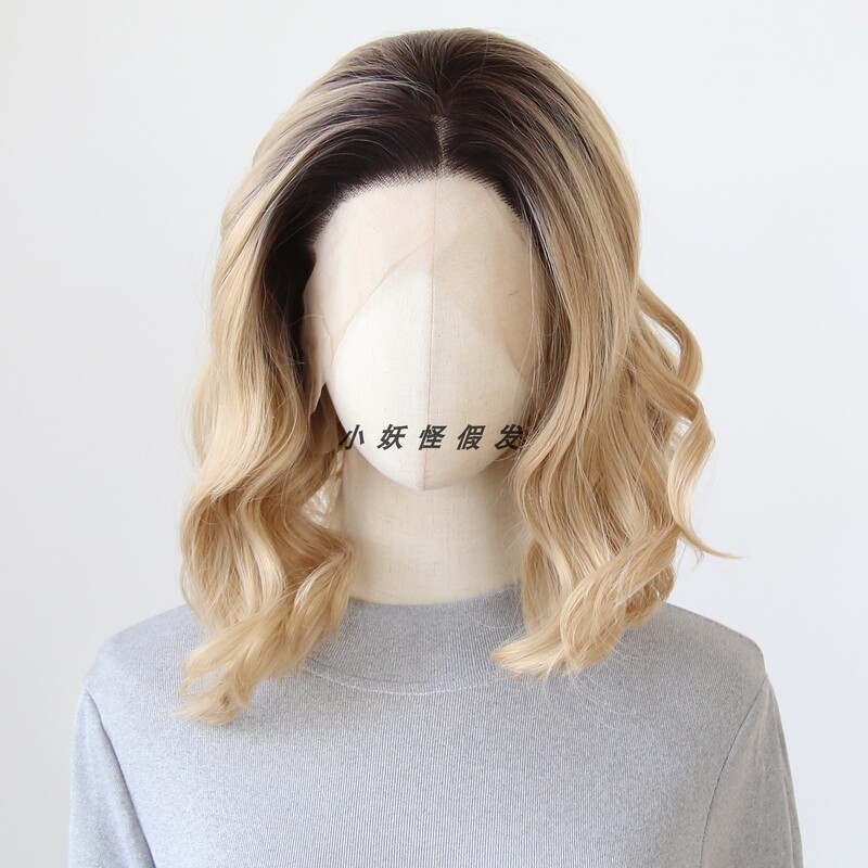 Gradient Honey Golden Brown Water Ripple Short Hair High-Temperature Silk Full Wig Bob Natural Realistic Ins Lace Full Wig