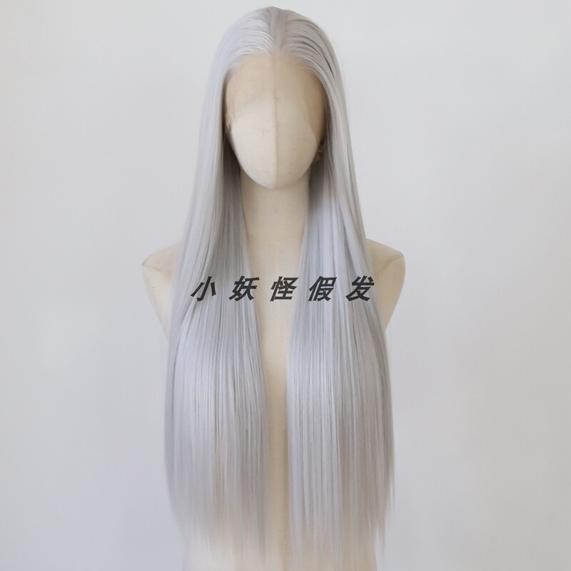 Silver Full Lace Full Head Wig High Temperature Silk Natural Silver White Long Straight Hair Cosplay Full Wig Set