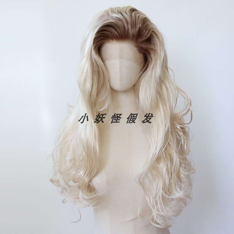 Dark Brown Gradient Light Gold Synthetic Fiber Front Lace High-Temperature Fiber Wig Realistic European and American Big Wave Curly Hair Full Wig