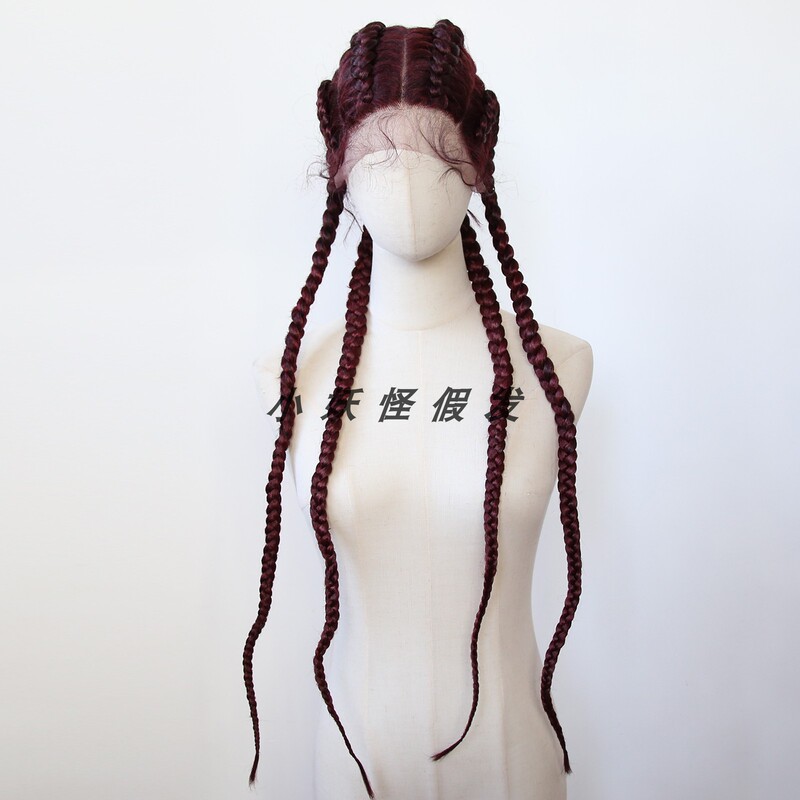 Dark Red Trench Braid Lace Berry Deep Red High-Temperature Fiber 4 Strands Extra-Long Hand-Braided Thick Braids Full Wig