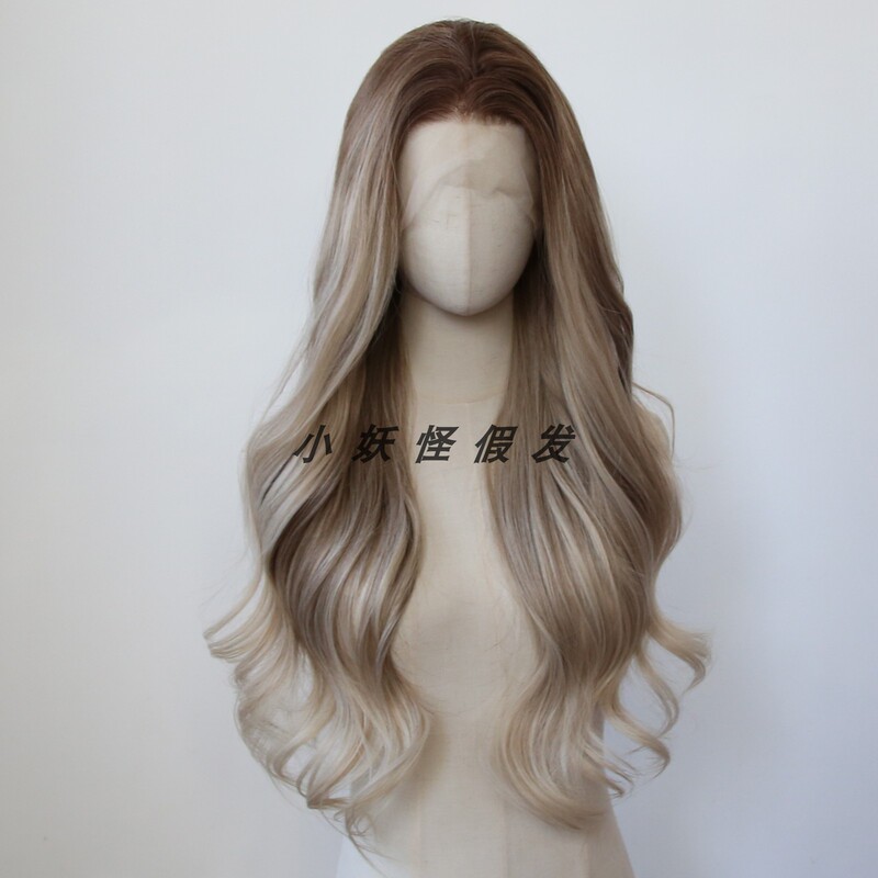 Gradient Ash Gold-Brown Lace Front Synthetic High-Temperature Fiber Wig Realistic Parisian Dyed Big Wave Full Wig Set
