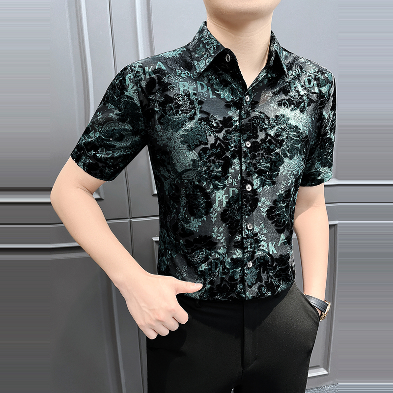 Flocked Floral Shirt for Men 2026 New Style Short-Sleeve Cool and Stylish High-End Summer Lace Breathable Cool Summer Shirt