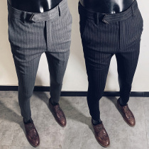 Pants mens Korean version of the trend nine-point suit pants Slim-fit small-legged trousers Wild ruffian handsome striped 9-point casual trousers