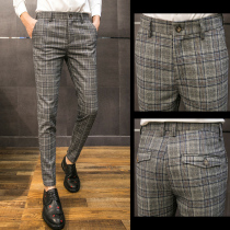 Casual pants Men slim small feet plaid pants Korean version of the trend wild nine-point pants British style small trousers spring pants