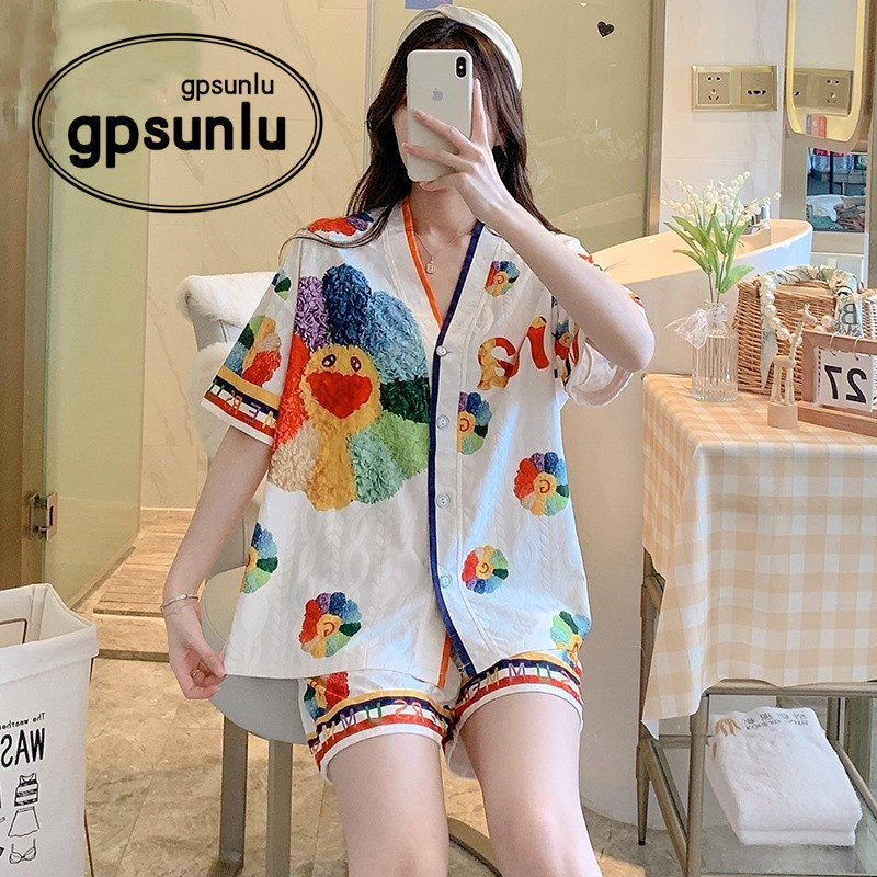 Japanese Niche Gp Knitted Cotton Pajamas for Women, Summer Short-Sleeved Three-Piece Set, Floral Cardigan, Simple Casual Loungewear, Thin