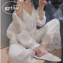 Japanese GP Sexy Harness Lace Three Pieces Sleepwear Womens Spring Summer New Pure Cotton Home Clothes White Lotus Leaf