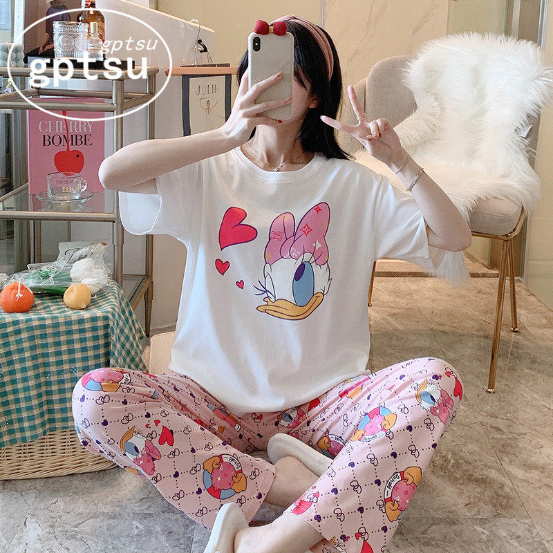 Japan Gp Pajamas Woman Summer Pure Cotton Short Sleeve Long Pants Cute Cartoon Round Collar Can Outwear Home Suit Suit