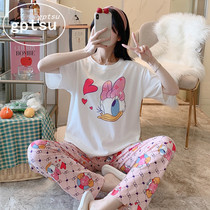 Japan Gp Pajamas Woman Summer Pure Cotton Short Sleeve Long Pants Cute Cartoon Round Collar Can Outwear Home Suit Suit