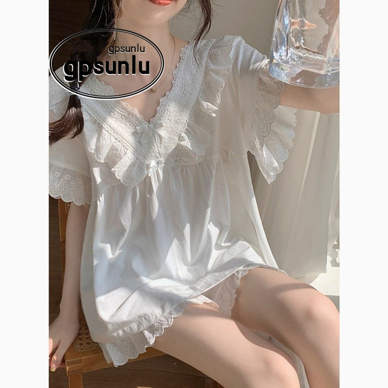 Japanese Niche Gp Lace Pure Cotton Short-Sleeved Pajamas for Women, Summer Thin Princess-Style Lace Loungewear Summer Set