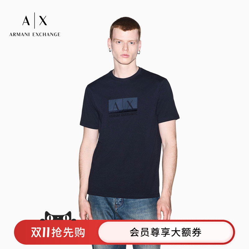 Armani Exchange/Armani's New Autumn and Winter Men's Pure Cotton Round Neck, Right Shoulder, Short-Sleeved Embroidered Casual T-Shirt
