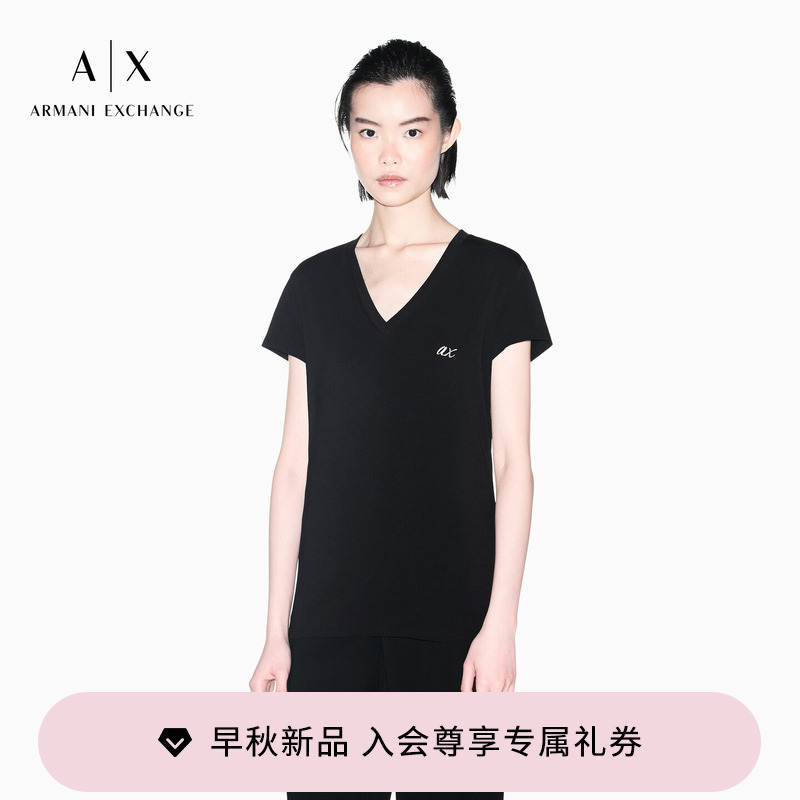 Armani Exchange/Armani 26 Autumn and Winter New Women's V-Neck Short-Sleeved Right-Shoulder Embroidered Stretch Cotton T-Shirt Armani Exchange/Armani 26 Autumn and Winter New Women's V-Neck Short-Sleeved Right-Shoulder Embroidered Stretch Cotton T-Shirt