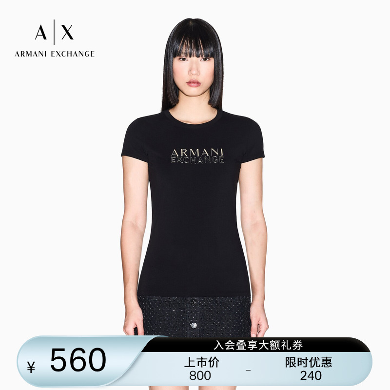 Armani Exchange/Armani 26 Spring and Summer New Women's Round Neck Short-Sleeved Right-Shoulder Stretch Cotton Thin T-Shirt