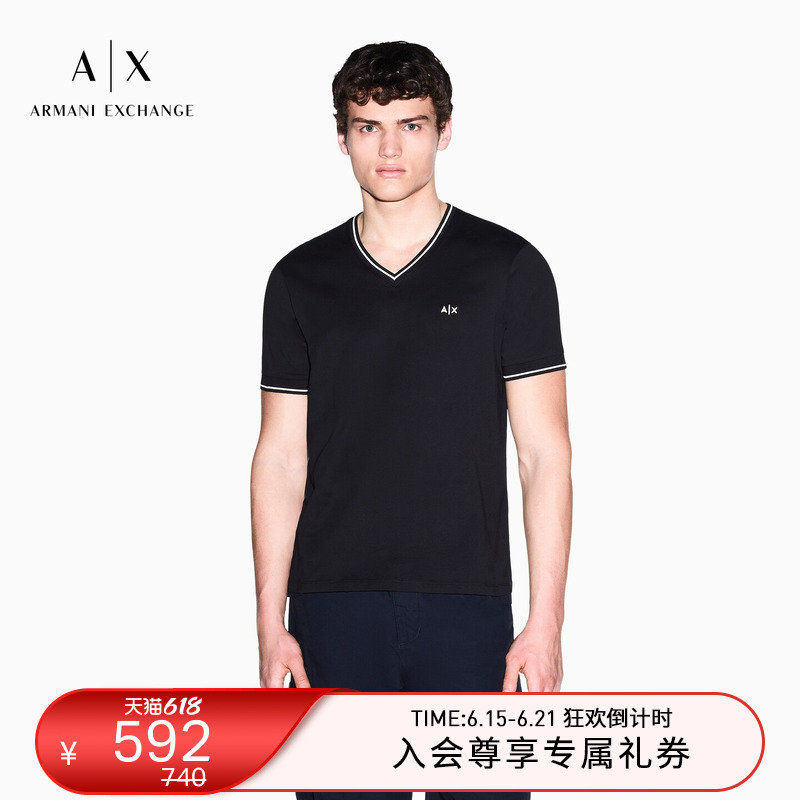 Armani Exchange/Armani's 26Th Summer New Men's V-Neck Short-Sleeved Right-Shoulder Embroidered Contrast Color T-Shirt