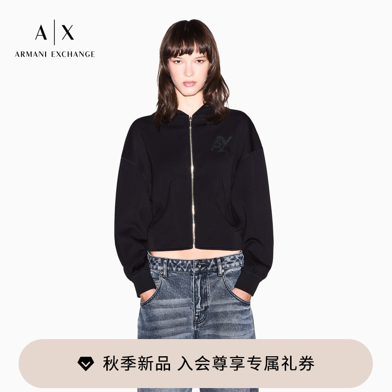 Armani Exchange/Armani's New Autumn and Winter Women's Off-Shoulder Cardigan Hooded Sweatshirt Short Jacket Armani Exchange/Armani's New Autumn and Winter Women's Off-Shoulder Cardigan Hooded Sweatshirt Short Jacket