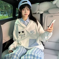 American-Style Faux Two-Piece Cat Embroidered Hooded Sweatshirt for Women 2025 New College Style Loose Casual Pure Cotton Top Trendy