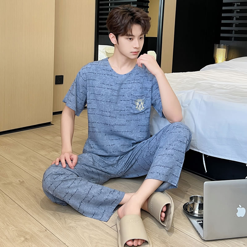 Cotton Silk Pajamas Men's Set Summer Thin Artificial Cotton Large Size Men's Youth Cotton Silk Short-Sleeved Pullover Home Wear