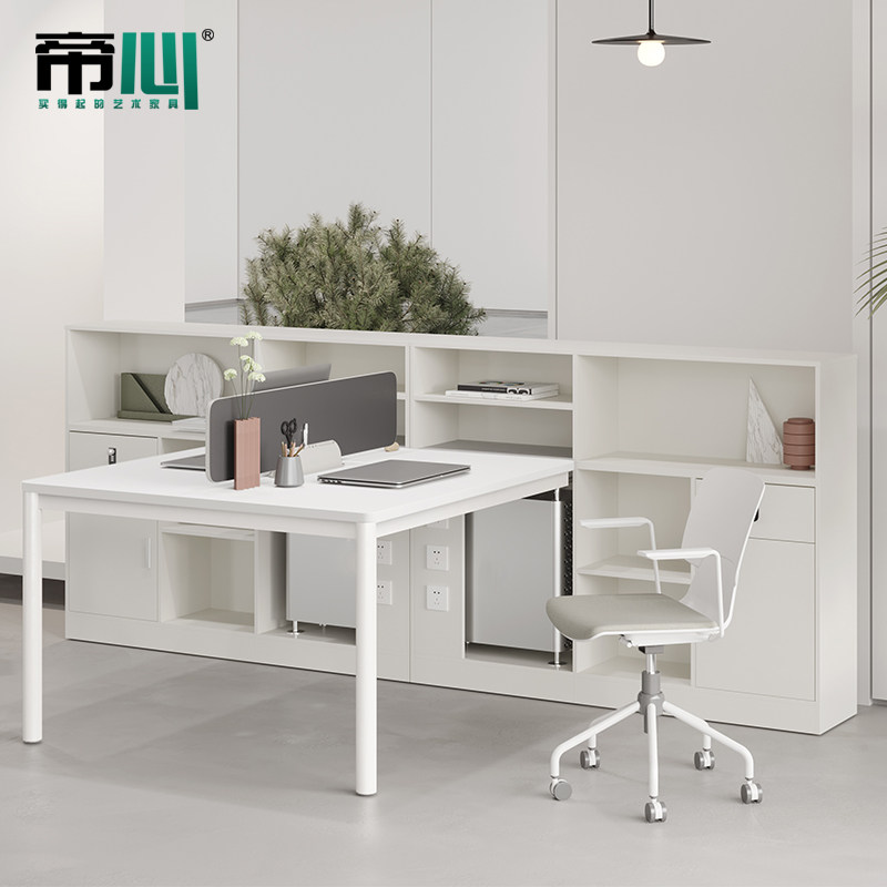 Finance Room Desk White Minimalist Modern 4 Station Double-Four Position Clerks Teacher T Staff Table And Chairs Combination