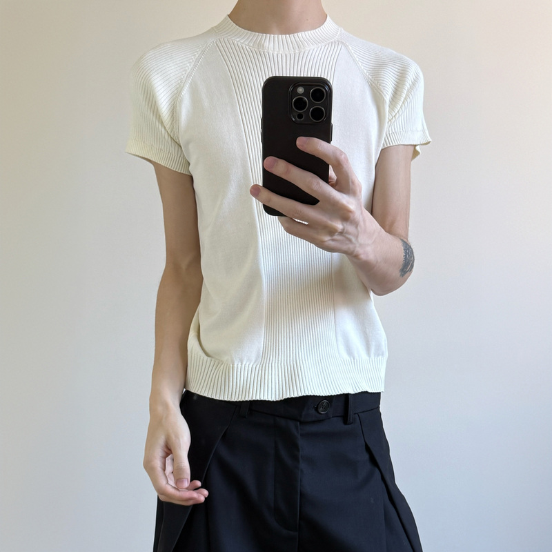 7Ac Cool Ice Silk Off-Shoulder Ribbed High-Elastic Slim-Fit Flattering Knit Short-Sleeve Summer Top