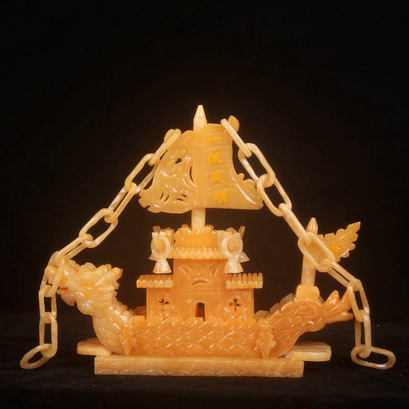 Natural rice jade sailing smooth jade sculpture craftsDragon boat lobbyhouse decoration jade wine cabinet creative fixture