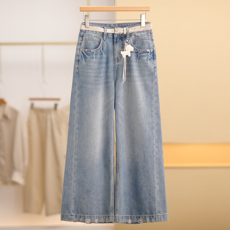 【Fei】New Arrivals of the Season~High-Waisted Loose Straight Wide-Leg Jeans with Pony Charm Accessories, Size 26, Women's Summer Fashion, Discount 855