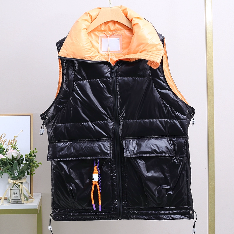 Xking [Hang * Sheng] Quần áo phụ nữ mùa đông mới màu đen bóng áo khoác vest 397 - Áo vest