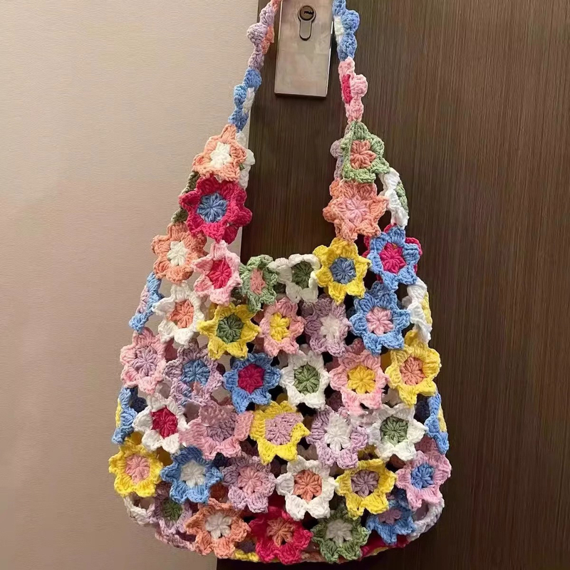Hand-Knitted Yarn Crochet Cute Flower Bag Finished Product as a Gift for a Best Friend