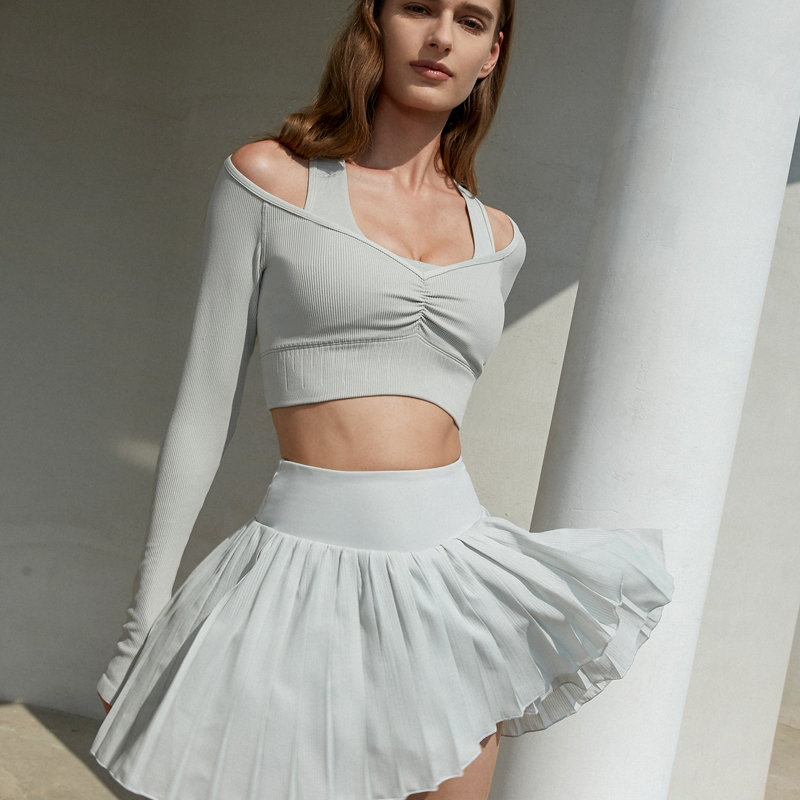 WISKII knitted high elastic striped winter sports tight yoga long sleeves with cotton pad Lycra fitness top women