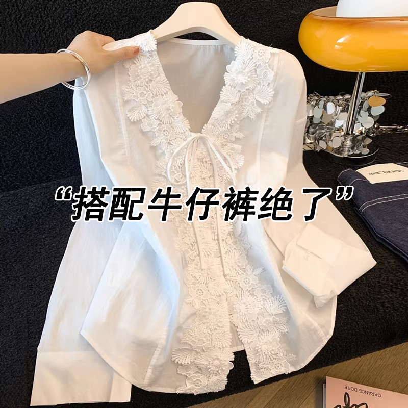 Designed V-Neck Lace-Up White Long-Sleeved Shirt for Women, New Spring and Summer Style, Casual Slim Fit Top