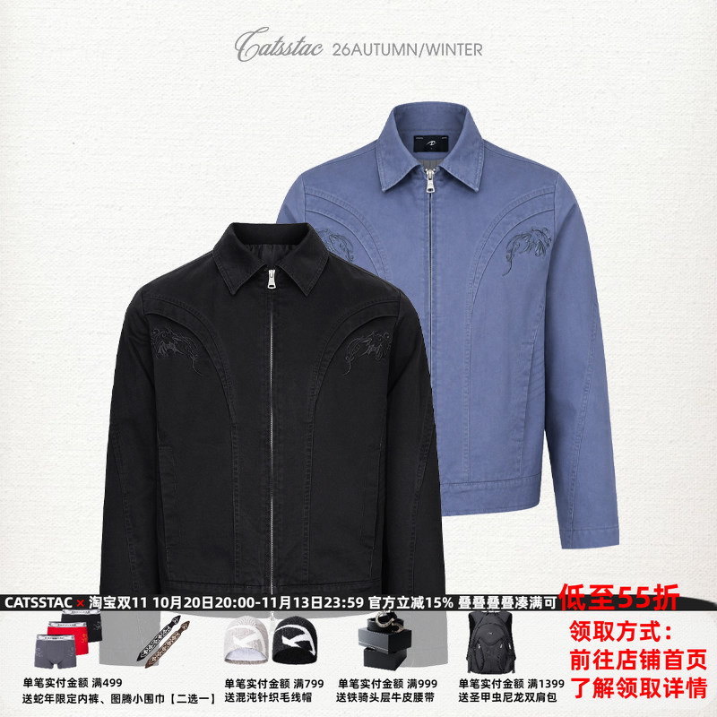Catsstac Bat Shadow Embroidered Washed Work Jacket Vintage Distressed Three-Dimensional Structured Workwear Jacket